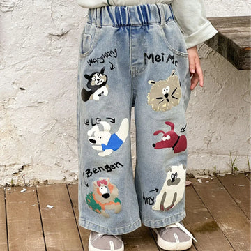 デニムパンツ キッズパンツ アニマルプリントルーズストレートデニムパンツ ジーンズ