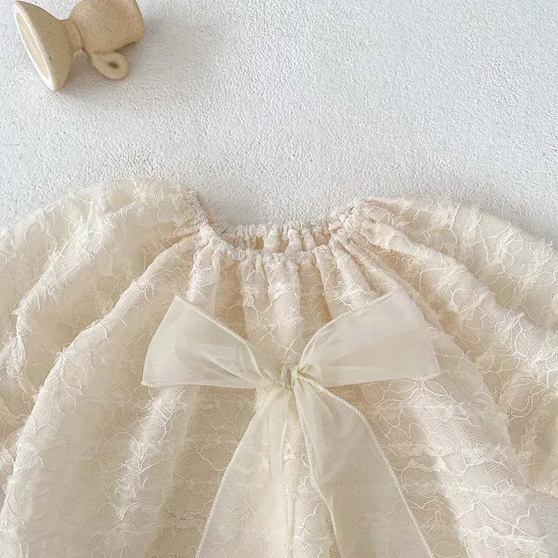 長袖ロンパース ベビーロンパース ビッグリボンレースフリル長袖ボディスーツ ベージュ