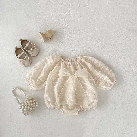 長袖ロンパース ベビーロンパース ビッグリボンレースフリル長袖ボディスーツ ベージュ