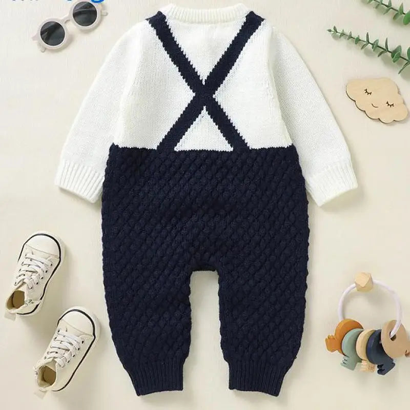 長袖ロンパース ベビーロンパース 蝶ネクタイドッキングニット長袖ジャンプスーツ