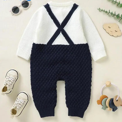 長袖ロンパース ベビーロンパース 蝶ネクタイドッキングニット長袖ジャンプスーツ