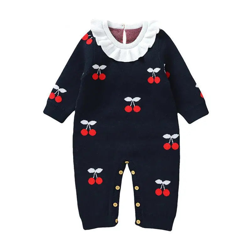 長袖ロンパース ベビーロンパース チェリーさくらんぼ柄フリル襟ニット長袖ジャンプスーツ