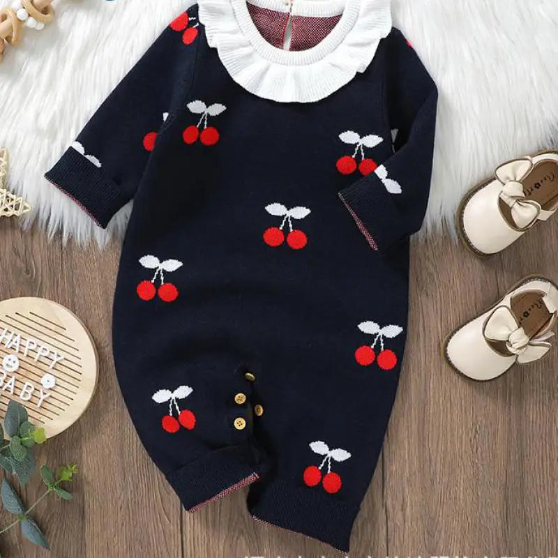 長袖ロンパース ベビーロンパース チェリーさくらんぼ柄フリル襟ニット長袖ジャンプスーツ