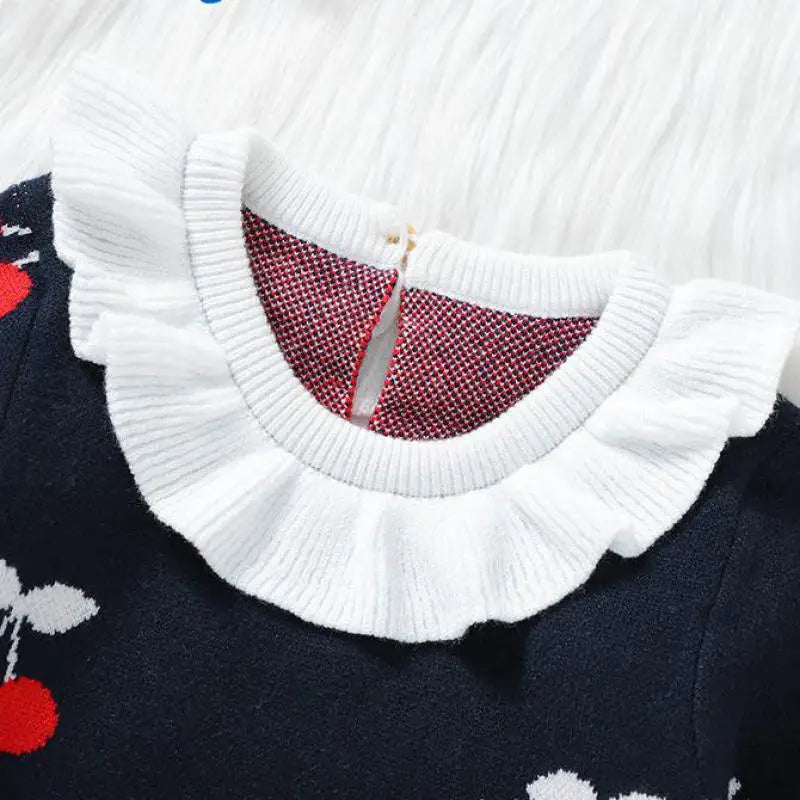 長袖ロンパース ベビーロンパース チェリーさくらんぼ柄フリル襟ニット長袖ジャンプスーツ