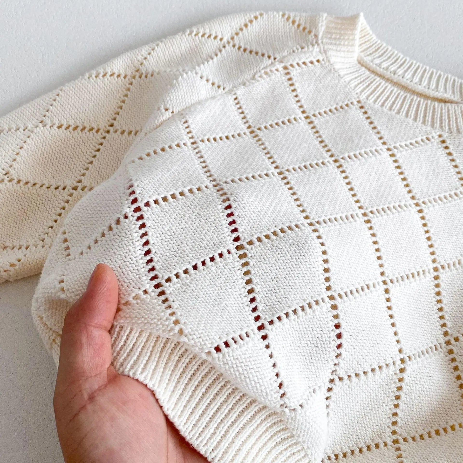 ニット・セーター キッズトップス ニットセーター レースニット ダイヤチェック アプリコット