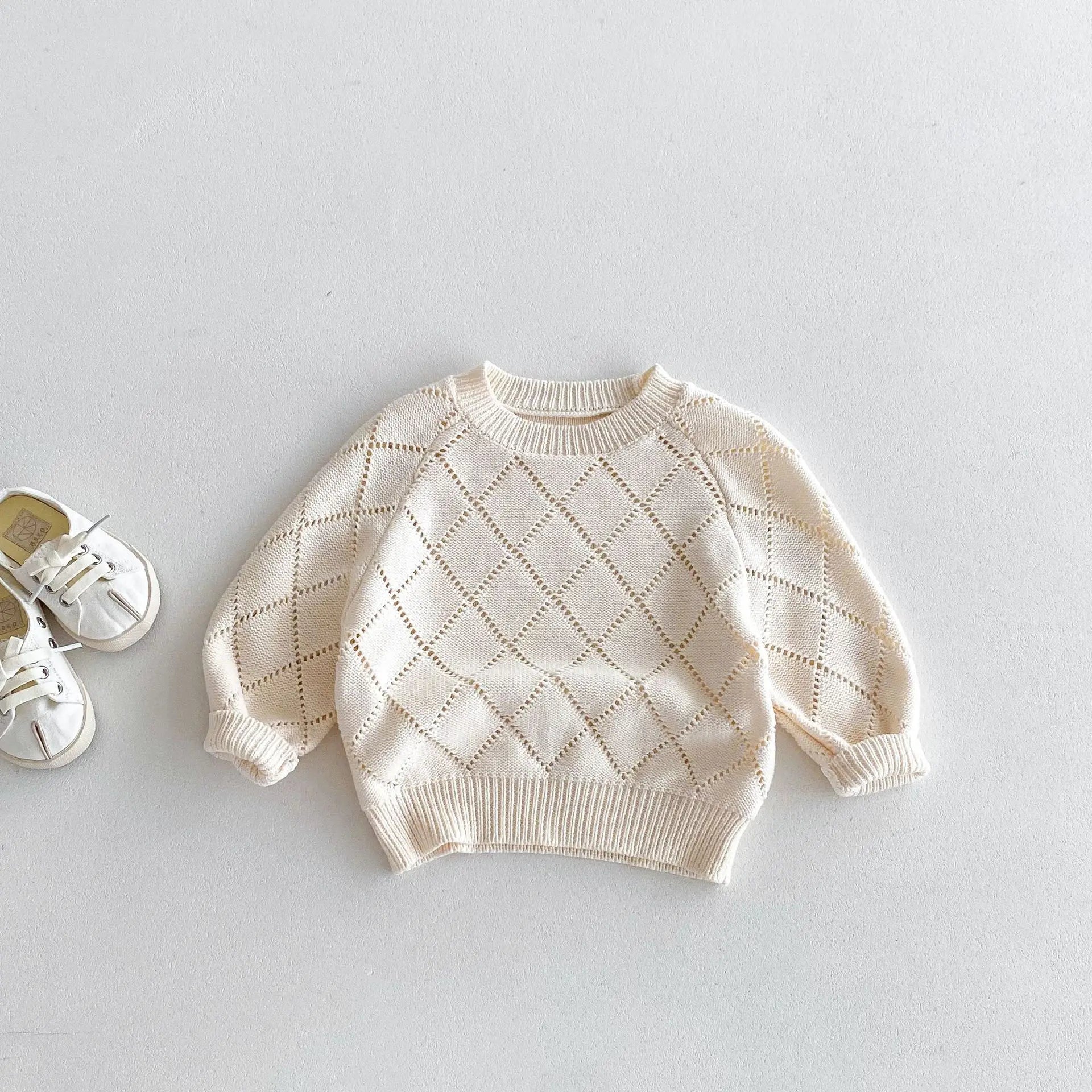 ニット・セーター キッズトップス ニットセーター レースニット ダイヤチェック アプリコット