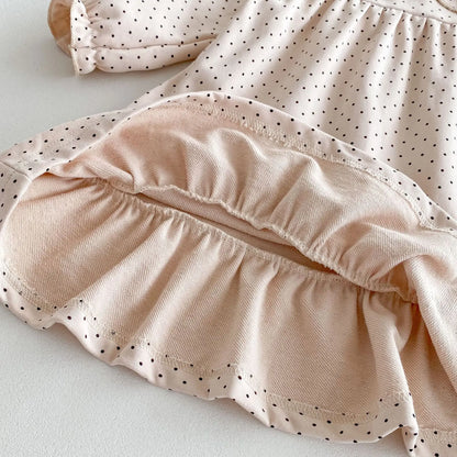 長袖ワンピース キッズワンピース 長袖フリル丸襟ワンピース 無地/水玉ドットプリント