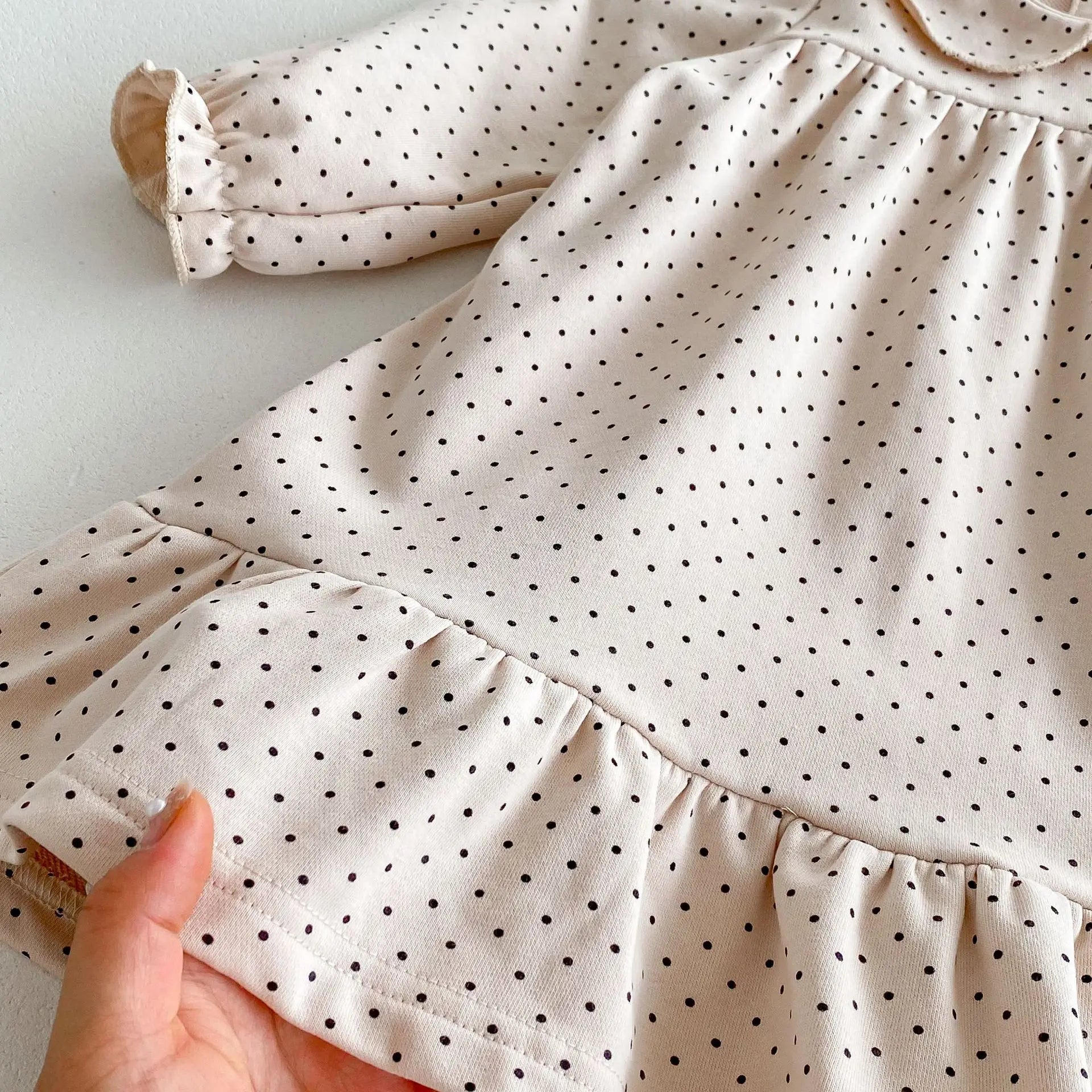 長袖ワンピース キッズワンピース 長袖フリル丸襟ワンピース 無地/水玉ドットプリント