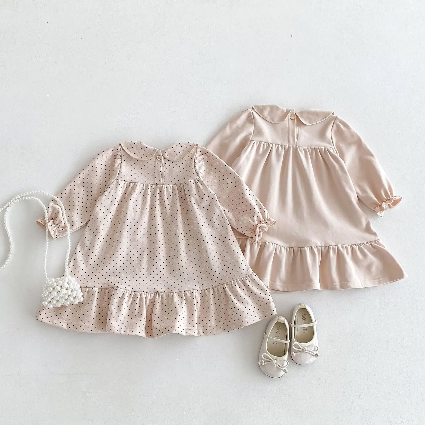 長袖ワンピース キッズワンピース 長袖フリル丸襟ワンピース 無地/水玉ドットプリント