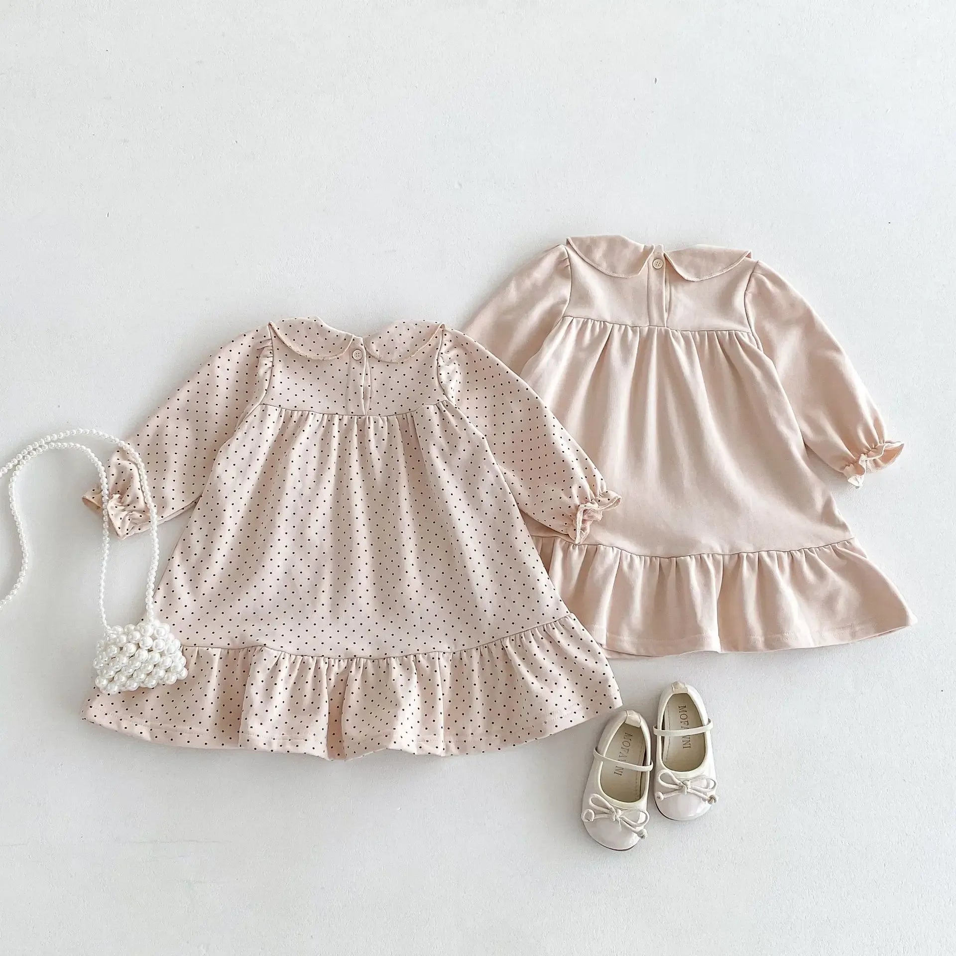 長袖ワンピース キッズワンピース 長袖フリル丸襟ワンピース 無地/水玉ドットプリント