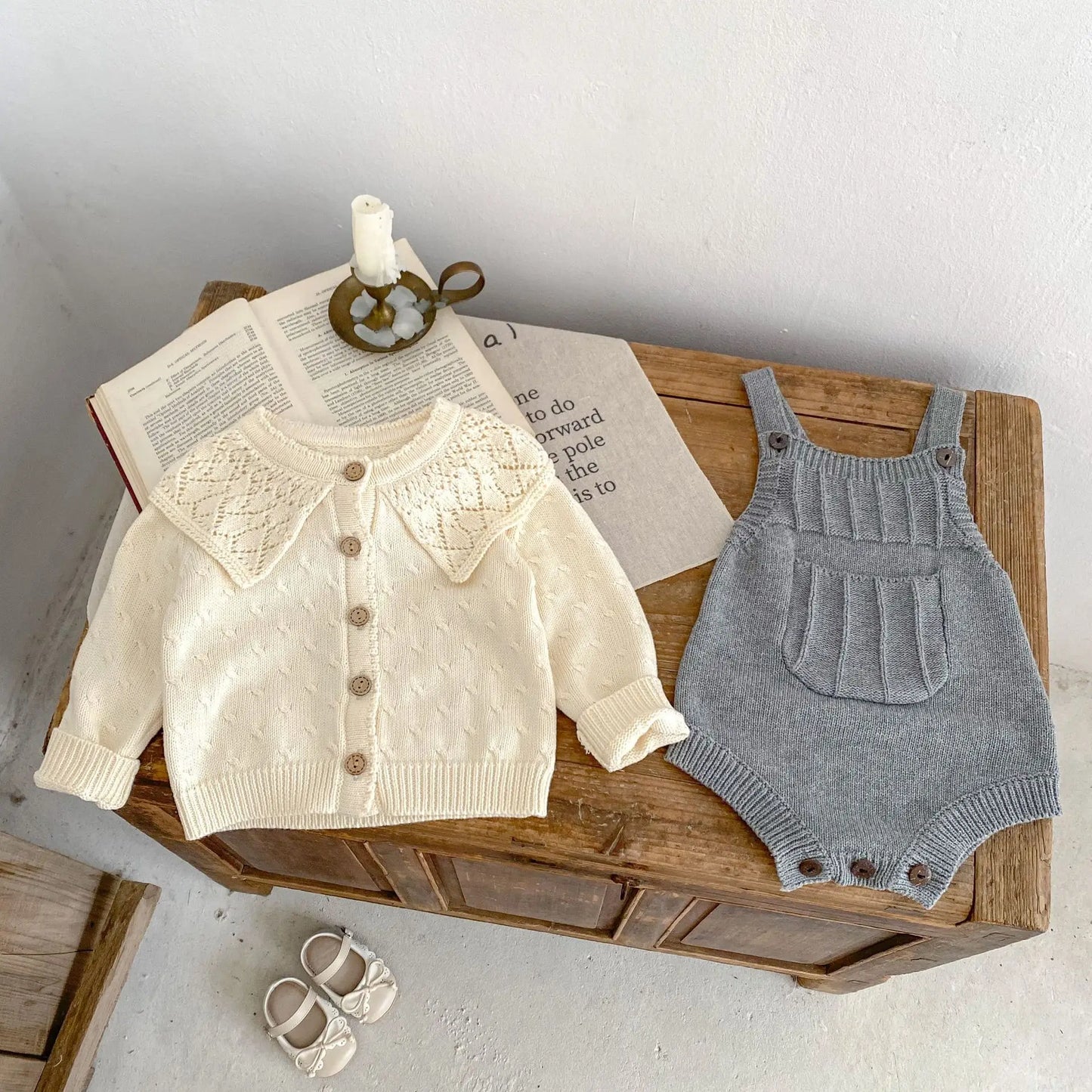 カーディガン・パーカー ベビーロンパース/カーディガン ニットサスペンダーポケットボディスーツ/襟付きニットジャケット