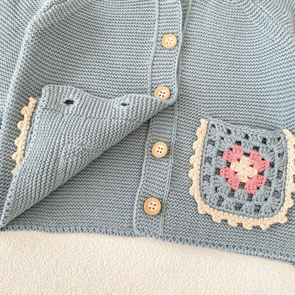 カーディガン・パーカー ベビーカーディガン ニットジャケット レース編み ポケット ブルー