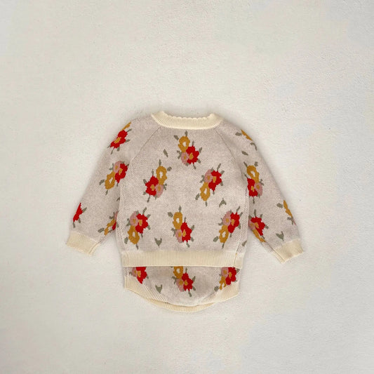 ロンパースセットアップ ベビーカーディガン/ロンパース ニットジャケット/サスペンダーボディスーツ フラワー花柄