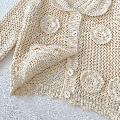 カーディガン・パーカー ベビーカーディガン レースニット 襟付きジャケット フラワー刺繍 アプリコットホワイト
