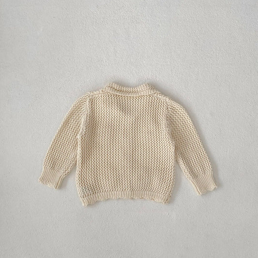 カーディガン・パーカー ベビーカーディガン レースニット 襟付きジャケット フラワー刺繍 アプリコットホワイト