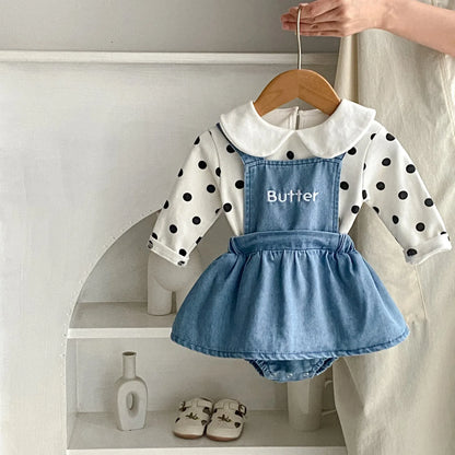 ノースリーブロンパース ベビーロンパース デニム サスペンダースカートボディスーツ レターロゴ刺繍