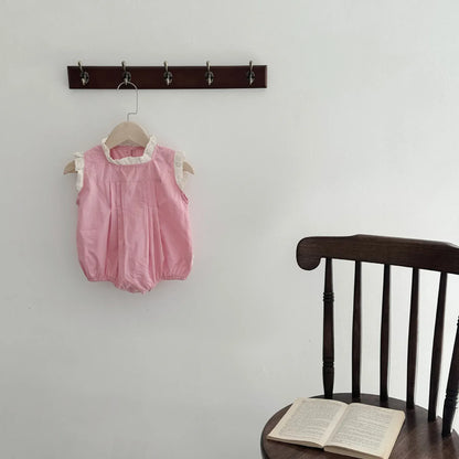 長袖ロンパース ベビーロンパース ノースリーブボディースーツ ピンタック レース ピンク