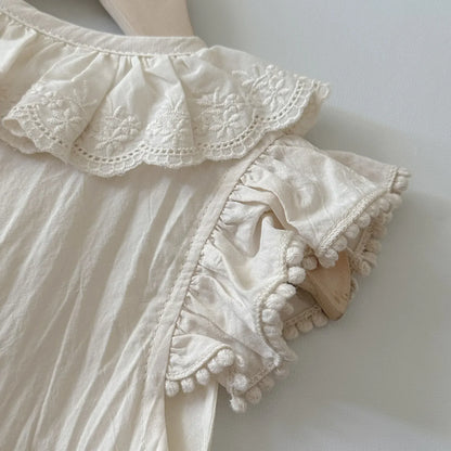 半袖ジャンプスーツ ベビージャンプスーツ レース刺繍フリル ロンパース