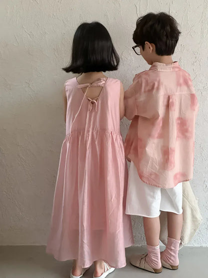 ノースリーブワンピース キッズトップス/パンツ/ワンピース ボーイズ半袖シャツ/パンツ/ガールズノースリーブワンピース ピンク リンクコーデ 兄弟姉妹 お揃いコーデ