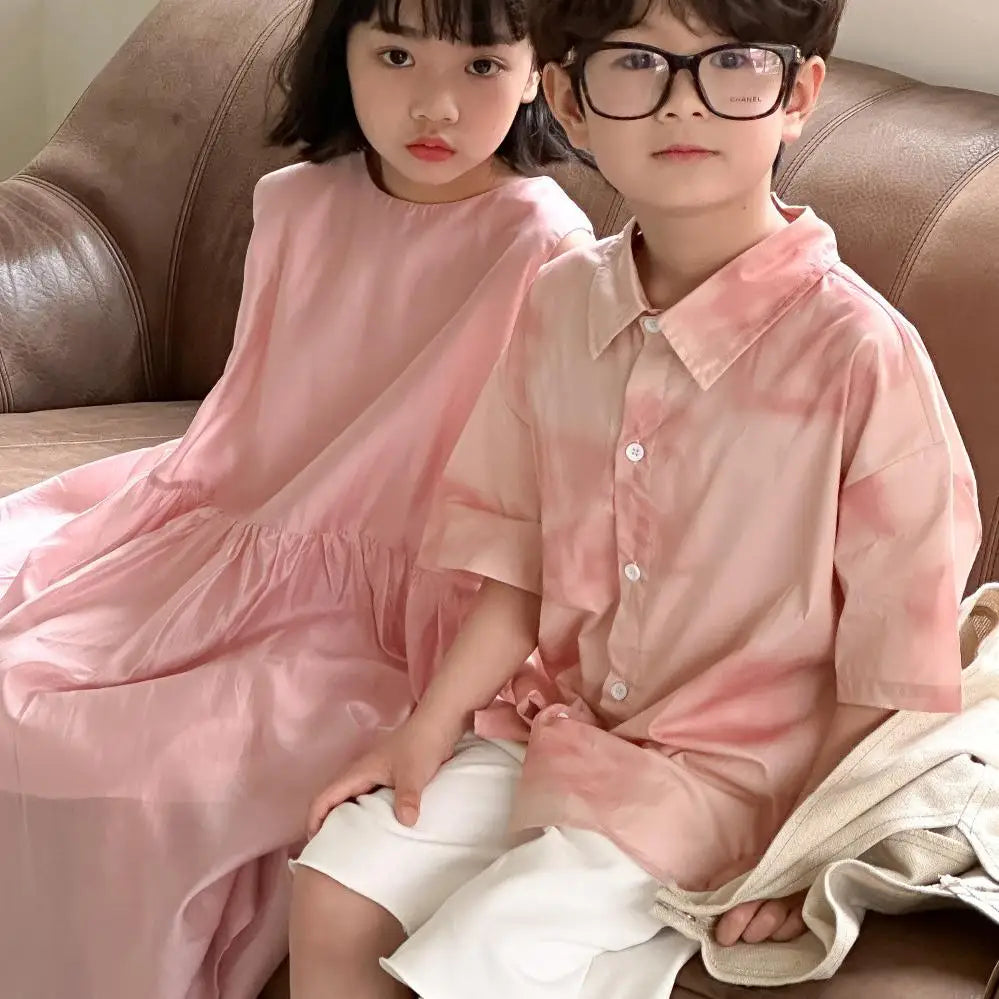 ノースリーブワンピース キッズトップス/パンツ/ワンピース ボーイズ半袖シャツ/パンツ/ガールズノースリーブワンピース ピンク リンクコーデ 兄弟姉妹 お揃いコーデ