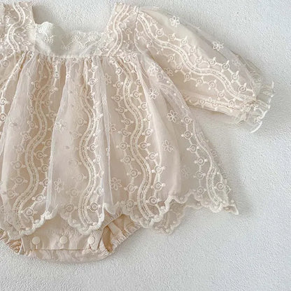 長袖ロンパース ベビーロンパース レース 長袖スカートボディスーツ ベビードレス お出かけ ベージュ