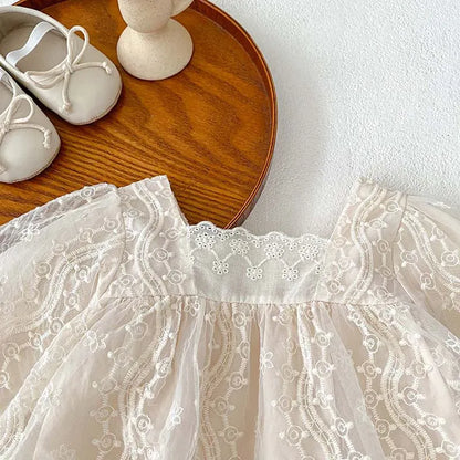 長袖ロンパース ベビーロンパース レース 長袖スカートボディスーツ ベビードレス お出かけ ベージュ