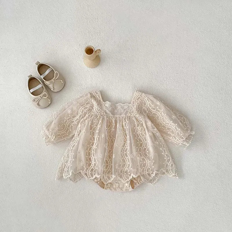 長袖ロンパース ベビーロンパース レース 長袖スカートボディスーツ ベビードレス お出かけ ベージュ