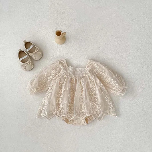 長袖ロンパース ベビーロンパース レース 長袖スカートボディスーツ ベビードレス お出かけ ベージュ