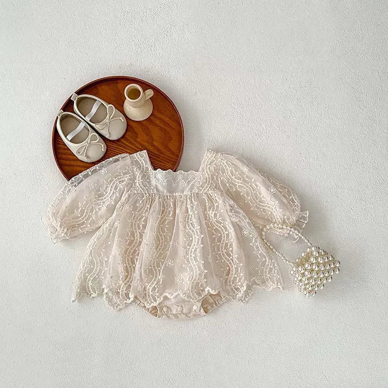 長袖ロンパース ベビーロンパース レース 長袖スカートボディスーツ ベビードレス お出かけ ベージュ