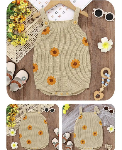 ノースリーブロンパース ベビーロンパース ニット キャミソール サスペンダーボディスーツ フラワー花柄 カーキ