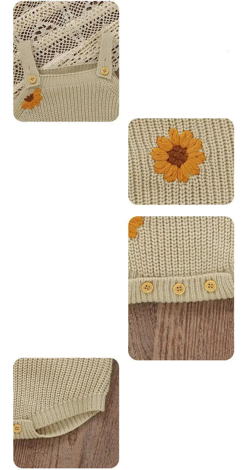 ノースリーブロンパース ベビーロンパース ニット キャミソール サスペンダーボディスーツ フラワー花柄 カーキ