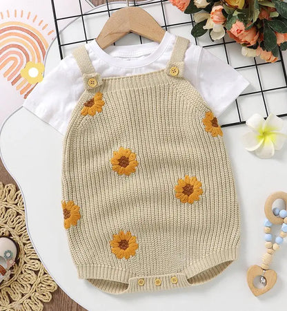 ノースリーブロンパース ベビーロンパース ニット キャミソール サスペンダーボディスーツ フラワー花柄 カーキ