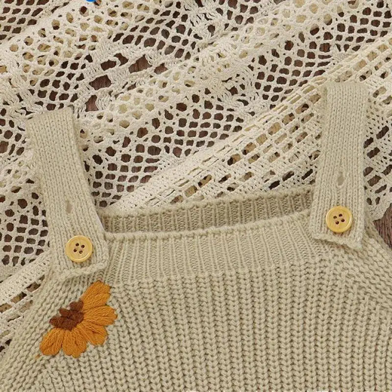 ノースリーブロンパース ベビーロンパース ニット キャミソール サスペンダーボディスーツ フラワー花柄 カーキ