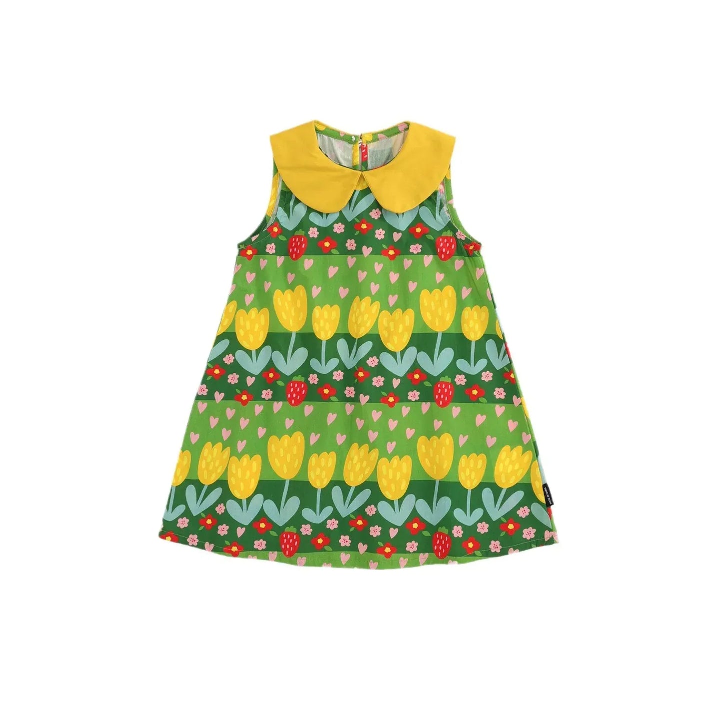 ノースリーブワンピース キッズワンピース ノースリーブ丸襟 レトロフラワープリント グリーン