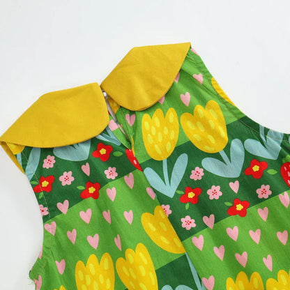 ノースリーブワンピース キッズワンピース ノースリーブ丸襟 レトロフラワープリント グリーン