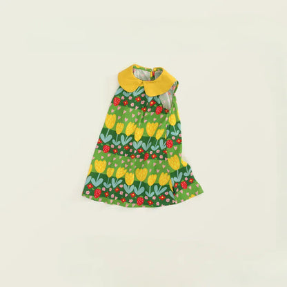 ノースリーブワンピース キッズワンピース ノースリーブ丸襟 レトロフラワープリント グリーン