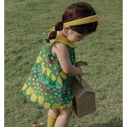 ノースリーブワンピース キッズワンピース ノースリーブ丸襟 レトロフラワープリント グリーン