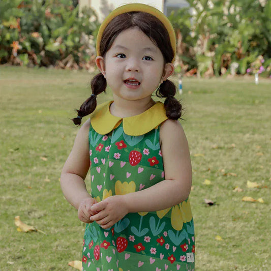 ノースリーブワンピース キッズワンピース ノースリーブ丸襟 レトロフラワープリント グリーン