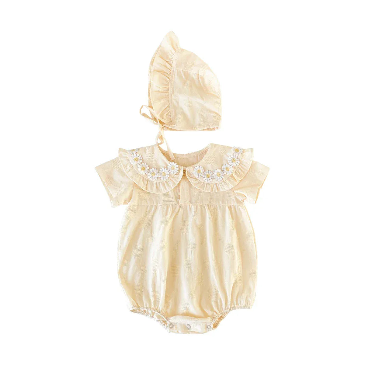 半袖ロンパース ☺︎ ベビーロンパース 半袖丸襟ボディスーツ デイジーフラワー ボンネット帽子セット