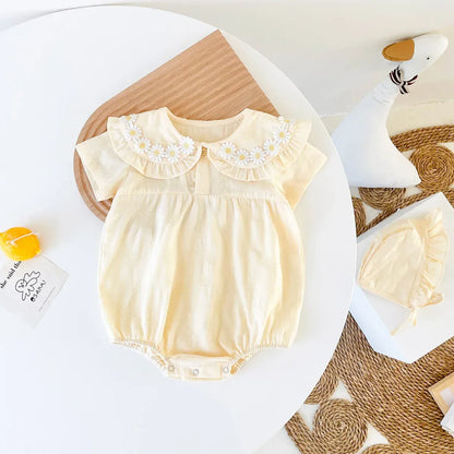 半袖ロンパース ☺︎ ベビーロンパース 半袖丸襟ボディスーツ デイジーフラワー ボンネット帽子セット