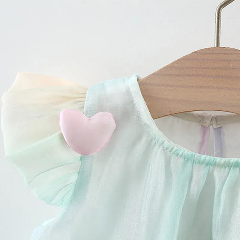 半袖ワンピース ☺︎ ベビーワンピース 半袖パフスリーブシフォンドレス ハート パステルカラー