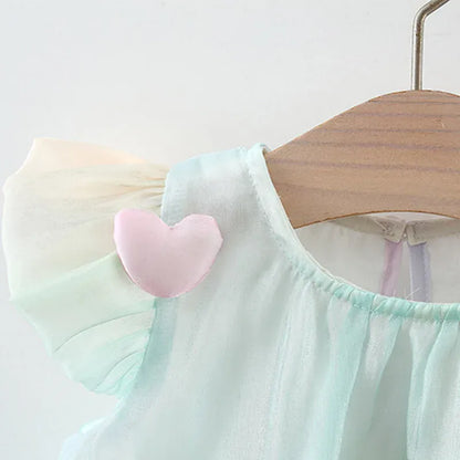 半袖ワンピース ☺︎ ベビーワンピース 半袖パフスリーブシフォンドレス ハート パステルカラー