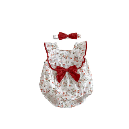 ノースリーブロンパース ベビーロンパース ヘアバンドセット ノースリーブリボンフリルボディスーツ