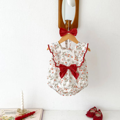 ノースリーブロンパース ベビーロンパース ヘアバンドセット ノースリーブリボンフリルボディスーツ