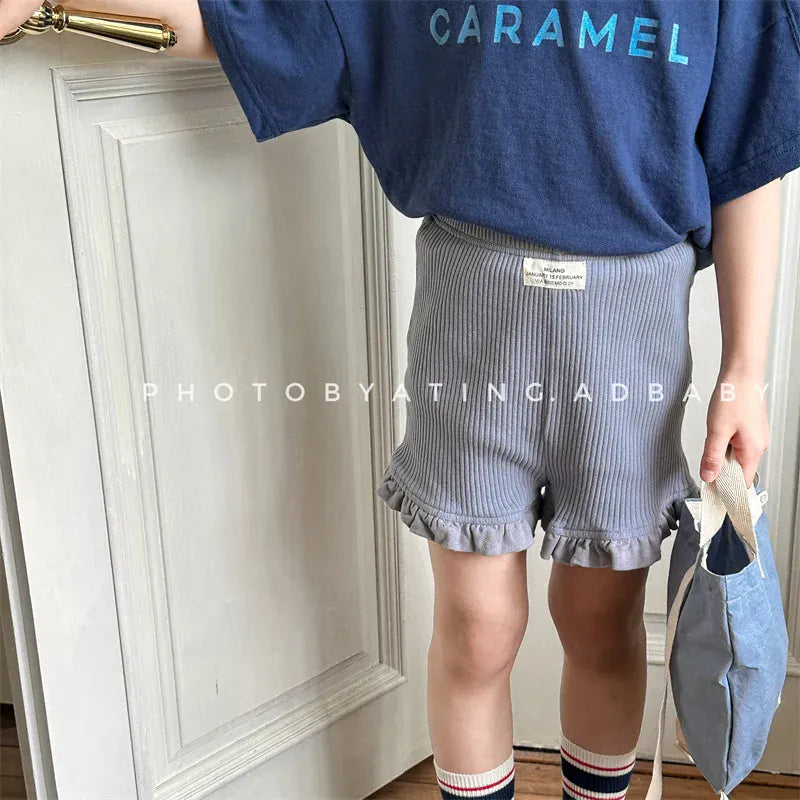 ハーフパンツ・ショートパンツ キッズパンツ ガールズ無地リブショートパンツ 幼児用フリルレース付きスキニーパンツ