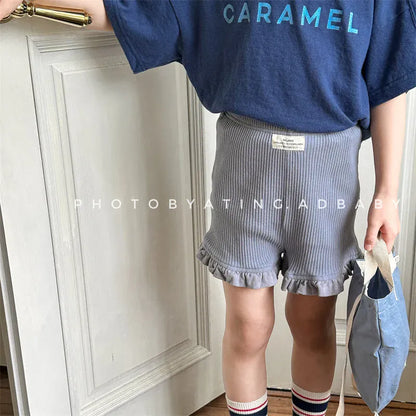ハーフパンツ・ショートパンツ キッズパンツ ガールズ無地リブショートパンツ 幼児用フリルレース付きスキニーパンツ