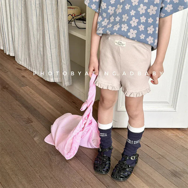 ハーフパンツ・ショートパンツ キッズパンツ ガールズ無地リブショートパンツ 幼児用フリルレース付きスキニーパンツ