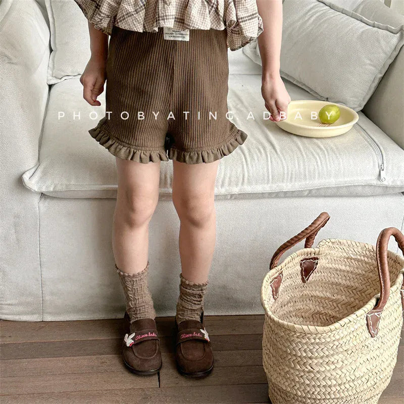 ハーフパンツ・ショートパンツ キッズパンツ ガールズ無地リブショートパンツ 幼児用フリルレース付きスキニーパンツ