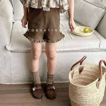 ハーフパンツ・ショートパンツ キッズパンツ ガールズ無地リブショートパンツ 幼児用フリルレース付きスキニーパンツ