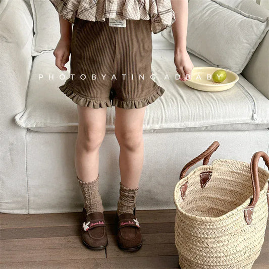 ハーフパンツ・ショートパンツ キッズパンツ ガールズ無地リブショートパンツ 幼児用フリルレース付きスキニーパンツ